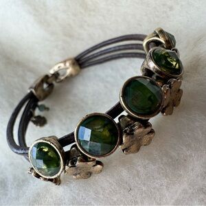 Lucky Brand Goldtone 4 Leaf Clover Leather Bracelet with Green Stones St Patrick